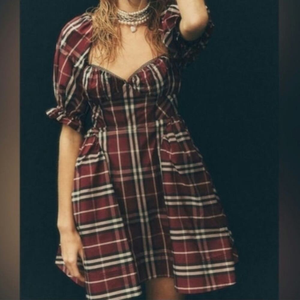 Anthropologie Maeve Red Tartan Plaid Puff Sleeve Mini Dress Women's Size L